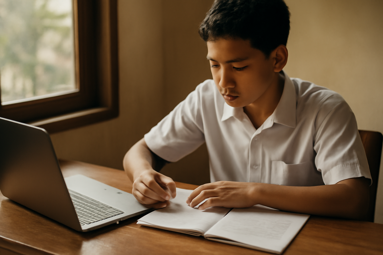 Mahasiswa menulis kerangka proposal beasiswa di meja dekat jendela