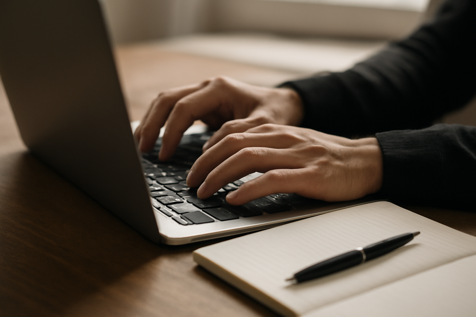 Tangan sedang menulis motivation letter beasiswa di laptop